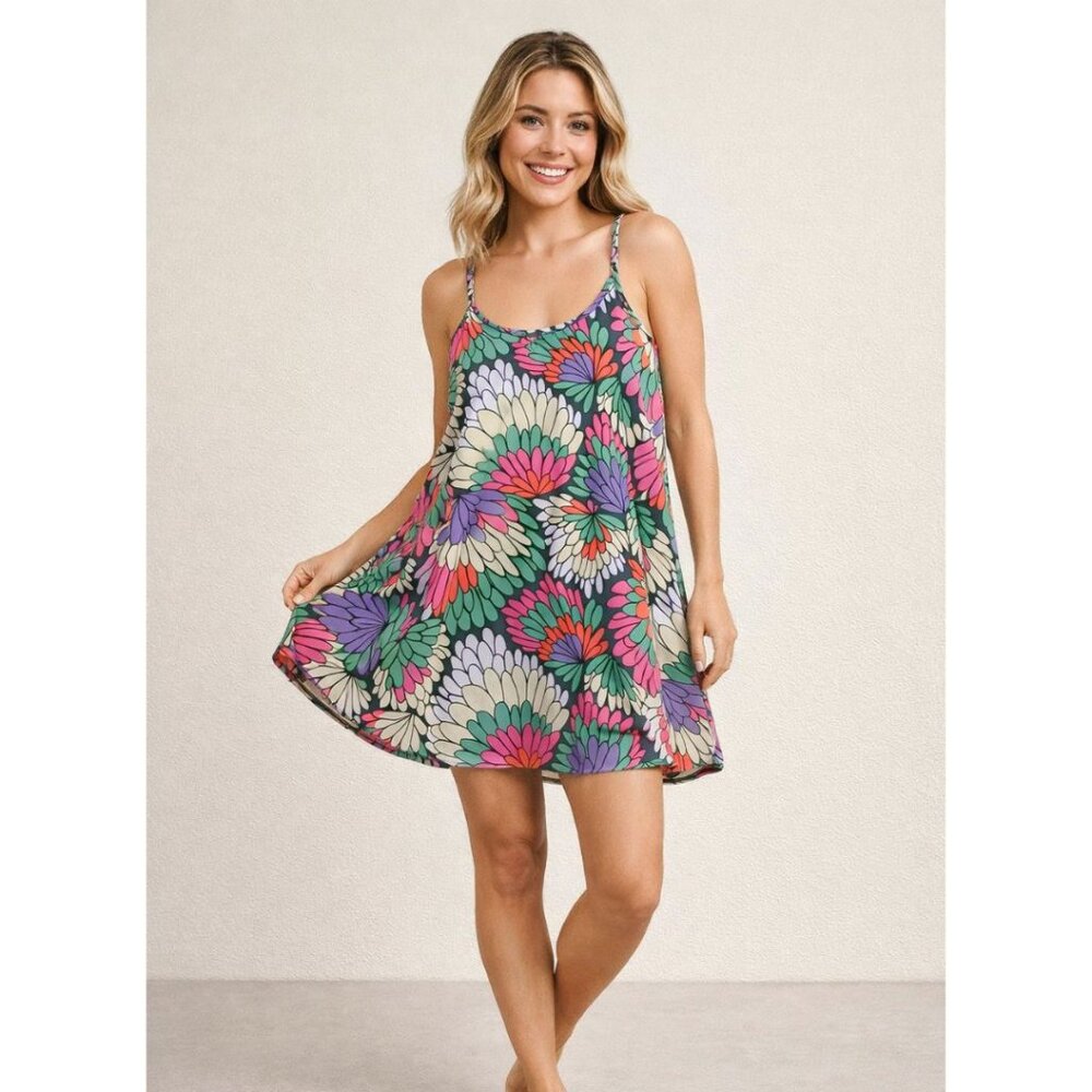 JUDITH MARCH Strappy Floral Flare Swing Mini Dress Pink/Green/Lavender L
